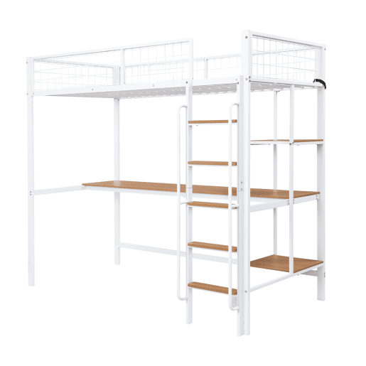 Beliche 90x200cm - Com mesa e prateleiras, 5 degraus, com proteção contra quedas - Branco+Natural