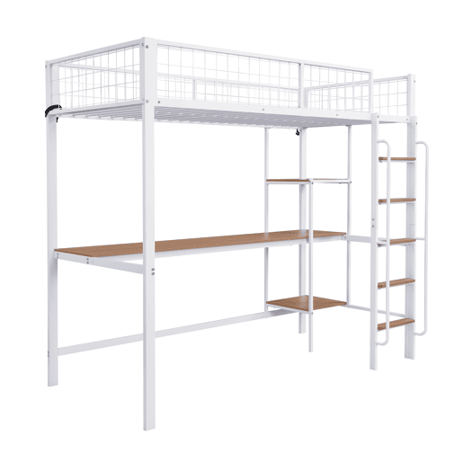 Beliche 90x200cm - Com mesa e prateleiras, 5 degraus, com proteção contra quedas - Branco+Natural