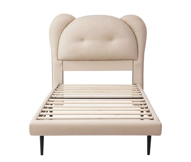 Cama individual 90x200 - cabecero infantil con forma de animal, estructura metálica y somier estable - beige