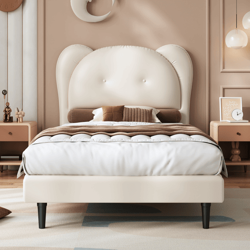 Cama individual 90x200 - Cabeceira infantil em forma de animal, estrutura metálica e estrado estável - Bege
