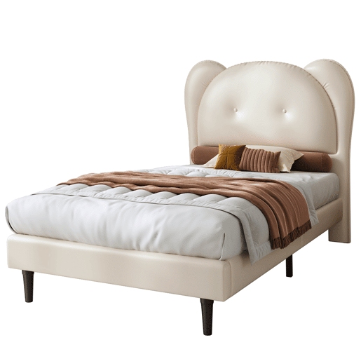 Cama individual 90x200 - Cabeceira infantil em forma de animal, estrutura metálica e estrado estável - Bege