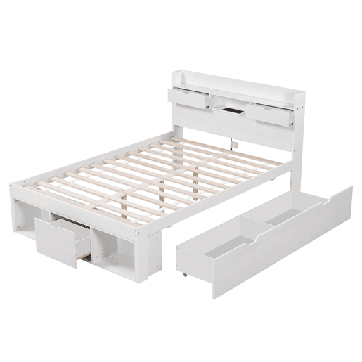 Cama de casal 140x200 - Multifuncional com USB, gavetas e armário, grande capacidade de arrumação - Branco Cama de casal 140x200 - Multifuncional com USB, gavetas e armário, grande capacidade de arrumação - Branco