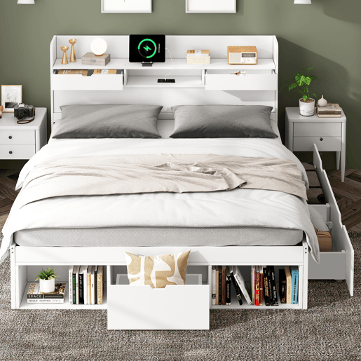 Cama de casal 140x200 - Multifuncional com USB, gavetas e armário, grande capacidade de arrumação - Branco Cama de casal 140x200 - Multifuncional com USB, gavetas e armário, grande capacidade de arrumação - Branco