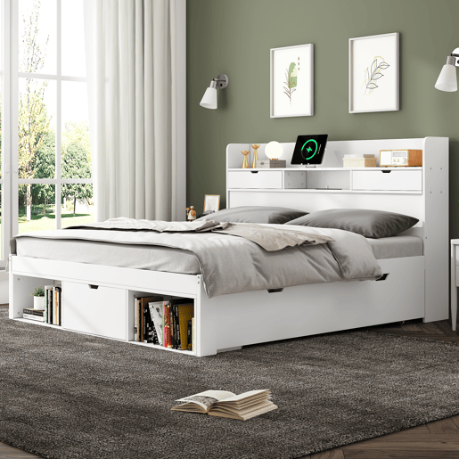 Cama de casal 140x200 - Multifuncional com USB, gavetas e armário, grande capacidade de arrumação - Branco Cama de casal 140x200 - Multifuncional com USB, gavetas e armário, grande capacidade de arrumação - Branco
