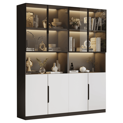 Vitrine moderna 30x160x200 cm - Portas de vidro, com LED, temperatura de cor ajustável - Branco com decoração preta Vitrine moderna 30x160x200 cm - Portas de vidro, com LED, temperatura de cor ajustável - Branco com decoração preta