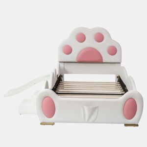 Cama individual 90x200 - Cabeceira em forma de pegada de gato, escorregador e escada de dois níveis, PU - Branco + Rosa