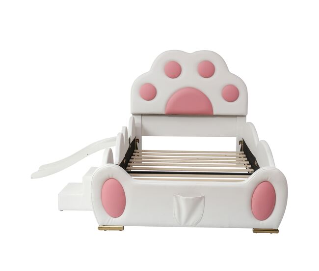 Cama individual 90x200 - cabecero forma de huella de gato, tobogán y escalera de dos niveles, pu - blanco + rosa