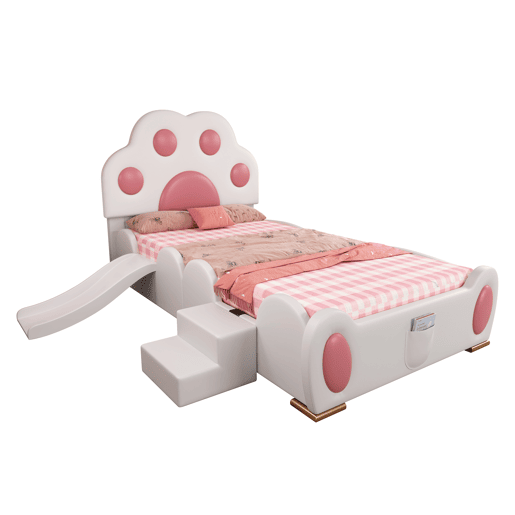 Cama individual 90x200 - Cabeceira em forma de pegada de gato, escorregador e escada de dois níveis, PU - Branco + Rosa
