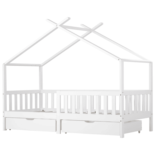 Cama casa 200x90 cm - Cama infantil com 2 gavetas, madeira maciça, com grade e estrado, com proteção contra quedas - Branco