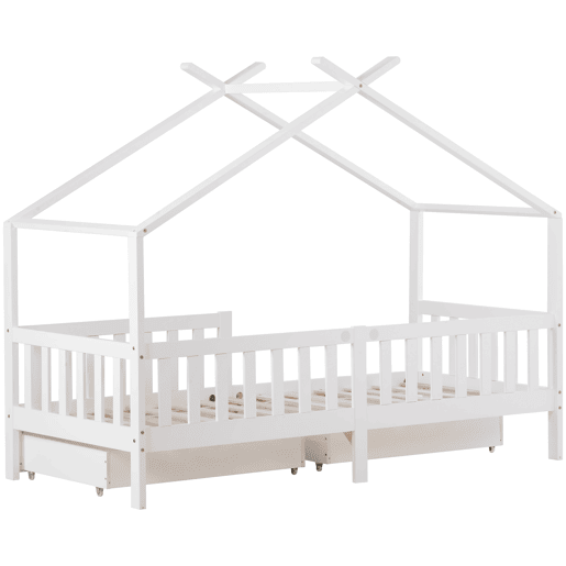 Cama casa 200x90 cm - Cama infantil com 2 gavetas, madeira maciça, com grade e estrado, com proteção contra quedas - Branco