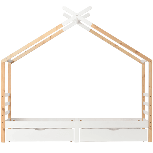 Cama infantil 90x200 cm - Casa com gavetas, madeira maciça com estrado, pinho - Branco + cor madeira