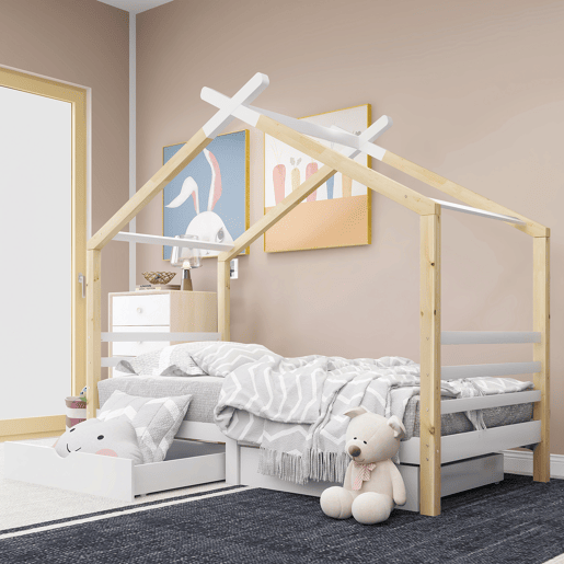 Cama infantil 90x200 cm - Casa com gavetas, madeira maciça com estrado, pinho - Branco + cor madeira