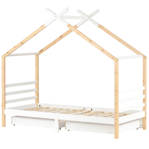 Cama infantil 90x200 cm - Casa com gavetas, madeira maciça com estrado, pinho - Branco + cor madeira