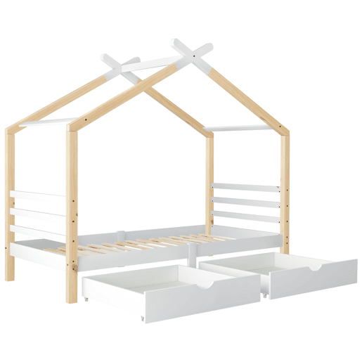 Cama infantil 90x200 cm - Casa com gavetas, madeira maciça com estrado, pinho - Branco + cor madeira