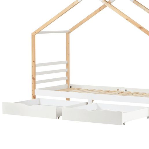 Cama infantil 90x200 cm - Casa com gavetas, madeira maciça com estrado, pinho - Branco + cor madeira