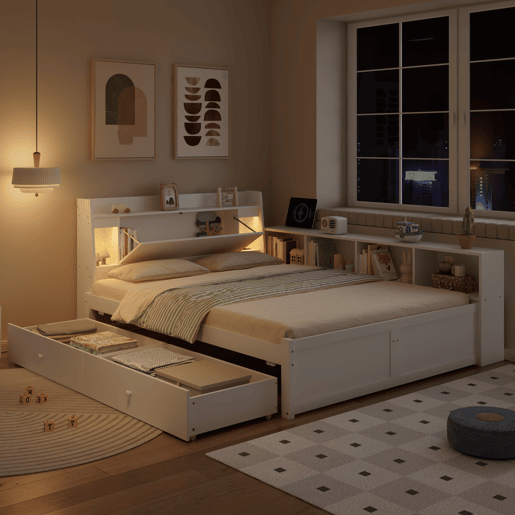 Cama de casal 140x200 - cabeceira com prateleira e 2 luzes, porta de carregamento, armários e gavetas laterais - Branco