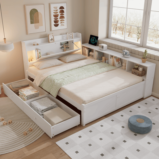 Cama de casal 140x200 - cabeceira com prateleira e 2 luzes, porta de carregamento, armários e gavetas laterais - Branco
