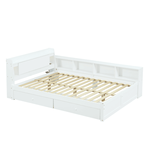Cama de casal 140x200 - cabeceira com prateleira e 2 luzes, porta de carregamento, armários e gavetas laterais - Branco