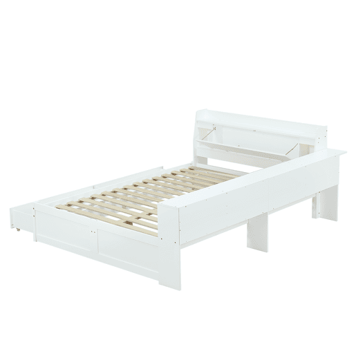 Cama de casal 140x200 - cabeceira com prateleira e 2 luzes, porta de carregamento, armários e gavetas laterais - Branco