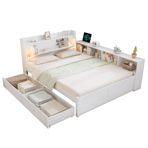 Cama de casal 140x200 - cabeceira com prateleira e 2 luzes, porta de carregamento, armários e gavetas laterais - Branco