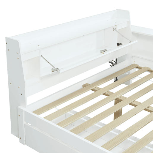 Cama de casal 140x200 - cabeceira com prateleira e 2 luzes, porta de carregamento, armários e gavetas laterais - Branco