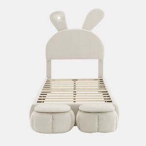 Cama individual 90x200 cm - com orelhas de coelho, luz quente regulável, dois bancos com arrumação - Bege