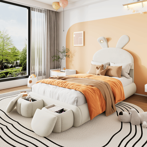Cama individual 90x200 cm - com orelhas de coelho, luz quente regulável, dois bancos com arrumação - Bege