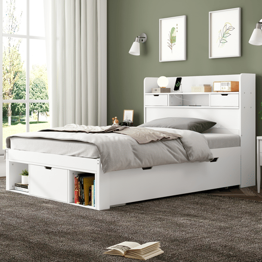 Cama individual 90x200 - com USB, gavetas e armário, multifuncional, grande capacidade de armazenamento - branco