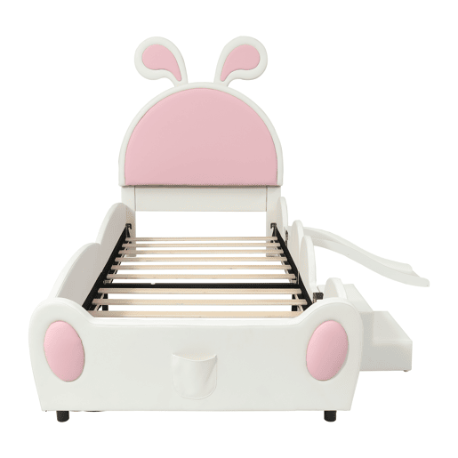 Cama infantil 90x200 - com escada, escorrega e cabeceira com orelhas de coelho - branco+rosa