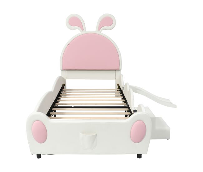 Cama infantil 90x200 - con escalera, tobogán y cabecero con orejas de conejo - blanco+rosa