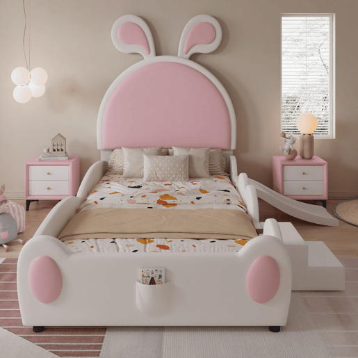 Cama infantil 90x200 - com escada, escorrega e cabeceira com orelhas de coelho - branco+rosa