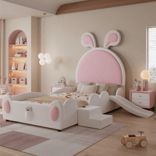 Cama infantil 90x200 - com escada, escorrega e cabeceira com orelhas de coelho - branco+rosa