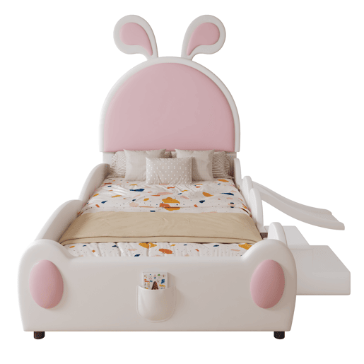 Cama infantil 90x200 - com escada, escorrega e cabeceira com orelhas de coelho - branco+rosa