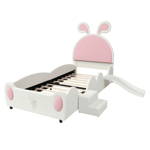 Cama infantil 90x200 - com escada, escorrega e cabeceira com orelhas de coelho - branco+rosa