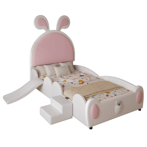 Cama infantil 90x200 - com escada, escorrega e cabeceira com orelhas de coelho - branco+rosa
