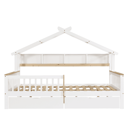 Cama infantil 140x200 - Com proteção lateral e grade, design de teto único, estante de 2 m, 2 gavetas com rodas, cama baixa de madeira - Branco+Natural Cama infantil 140x200 - Com proteção lateral e grade, design de teto único, estante de 2 m, 2 gavetas com rodas, cama baixa de madeira - Branco+Natural
