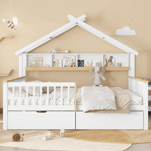 Cama infantil 140x200 - Com proteção lateral e grade, design de teto único, estante de 2 m, 2 gavetas com rodas, cama baixa de madeira - Branco+Natural Cama infantil 140x200 - Com proteção lateral e grade, design de teto único, estante de 2 m, 2 gavetas com rodas, cama baixa de madeira - Branco+Natural