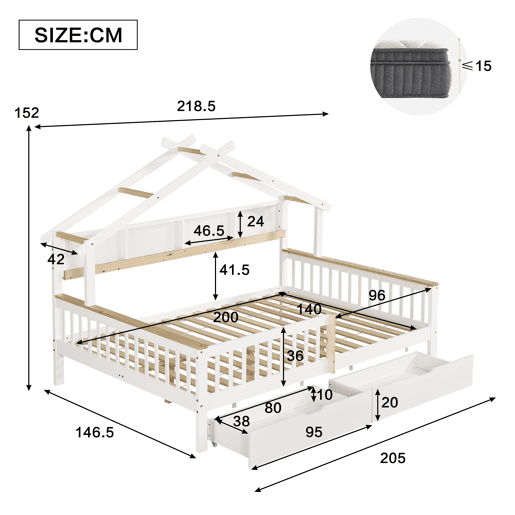 Cama infantil 140x200 - Com proteção lateral e grade, design de teto único, estante de 2 m, 2 gavetas com rodas, cama baixa de madeira - Branco+Natural Cama infantil 140x200 - Com proteção lateral e grade, design de teto único, estante de 2 m, 2 gavetas com rodas, cama baixa de madeira - Branco+Natural