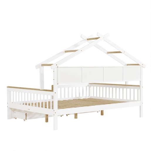 Cama infantil 140x200 - Com proteção lateral e grade, design de teto único, estante de 2 m, 2 gavetas com rodas, cama baixa de madeira - Branco+Natural Cama infantil 140x200 - Com proteção lateral e grade, design de teto único, estante de 2 m, 2 gavetas com rodas, cama baixa de madeira - Branco+Natural