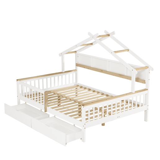 Cama infantil 140x200 - Com proteção lateral e grade, design de teto único, estante de 2 m, 2 gavetas com rodas, cama baixa de madeira - Branco+Natural Cama infantil 140x200 - Com proteção lateral e grade, design de teto único, estante de 2 m, 2 gavetas com rodas, cama baixa de madeira - Branco+Natural