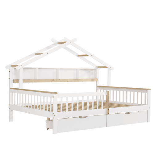 Cama infantil 140x200 - Com proteção lateral e grade, design de teto único, estante de 2 m, 2 gavetas com rodas, cama baixa de madeira - Branco+Natural Cama infantil 140x200 - Com proteção lateral e grade, design de teto único, estante de 2 m, 2 gavetas com rodas, cama baixa de madeira - Branco+Natural