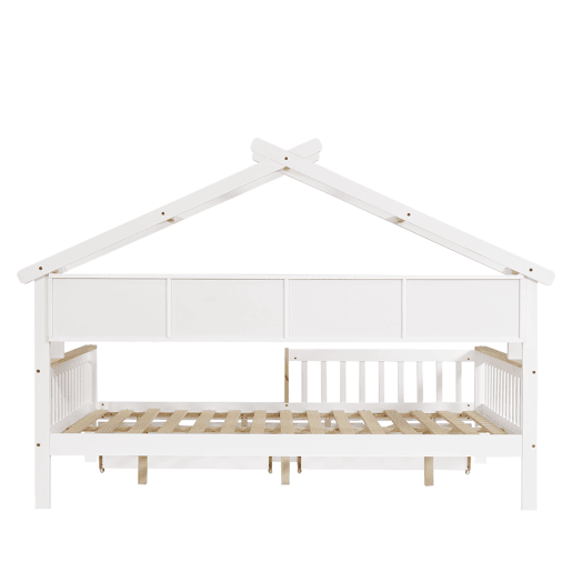 Cama infantil 140x200 - Com proteção lateral e grade, design de teto único, estante de 2 m, 2 gavetas com rodas, cama baixa de madeira - Branco+Natural Cama infantil 140x200 - Com proteção lateral e grade, design de teto único, estante de 2 m, 2 gavetas com rodas, cama baixa de madeira - Branco+Natural