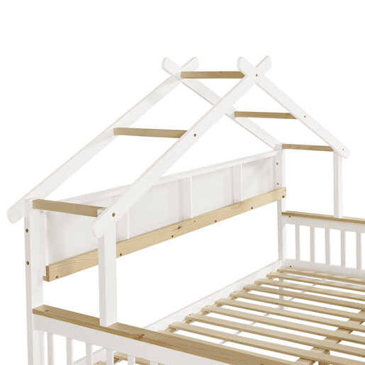 Cama infantil 140x200 - Com proteção lateral e grade, design de teto único, estante de 2 m, 2 gavetas com rodas, cama baixa de madeira - Branco+Natural Cama infantil 140x200 - Com proteção lateral e grade, design de teto único, estante de 2 m, 2 gavetas com rodas, cama baixa de madeira - Branco+Natural