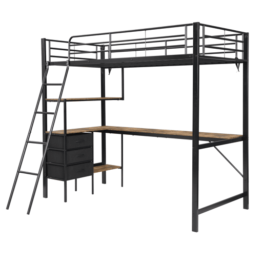 Beliche, 90x200cm - Três gavetas, Mesa de 2m, Escada inclinada com 4 degraus - Preto + Nogueira escura