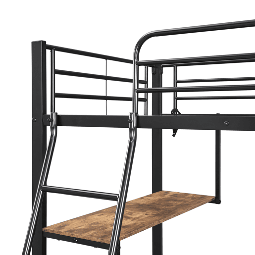 Beliche, 90x200cm - Três gavetas, Mesa de 2m, Escada inclinada com 4 degraus - Preto + Nogueira escura