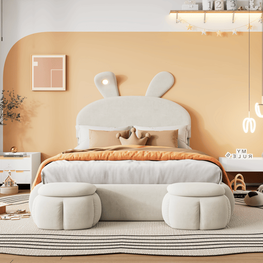 Cama estofada 140x200cm - Cama hidráulica, com luz regulável, arrumação, 2 bancos, veludo - Bege