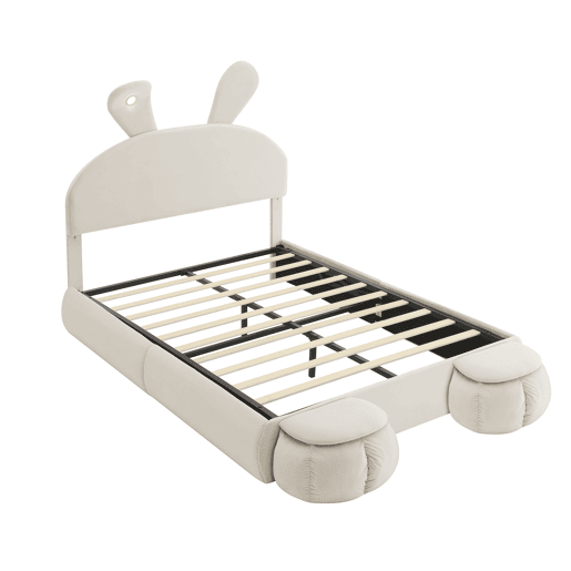 Cama estofada 140x200cm - Cama hidráulica, com luz regulável, arrumação, 2 bancos, veludo - Bege