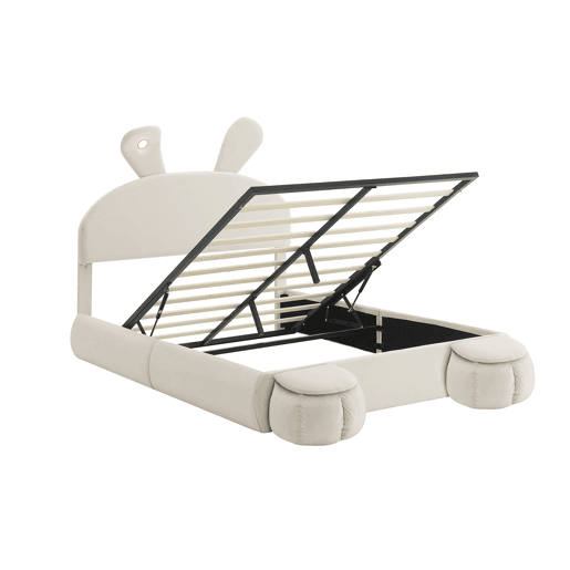 Cama estofada 140x200cm - Cama hidráulica, com luz regulável, arrumação, 2 bancos, veludo - Bege