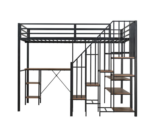 Cama litera 120x200cm - con armario de esquina, mesa, estante y ropero abierto - negro + madera vintage