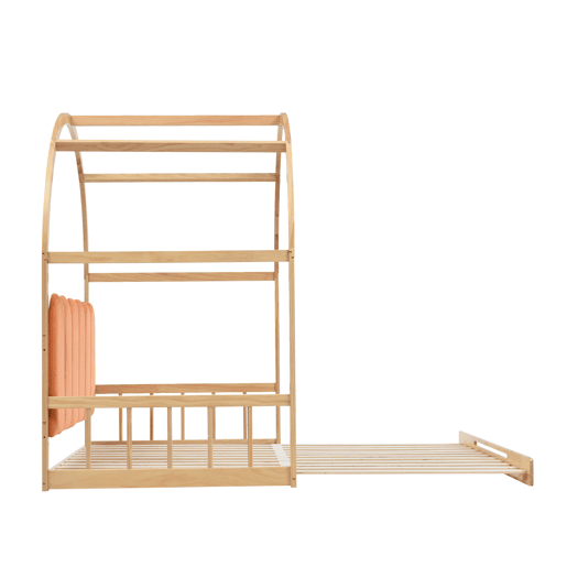 Cama infantil extensível 140x200 cm - com dossel arqueado, gaveta deslizante e almofadas de veludo - Natural e Laranja